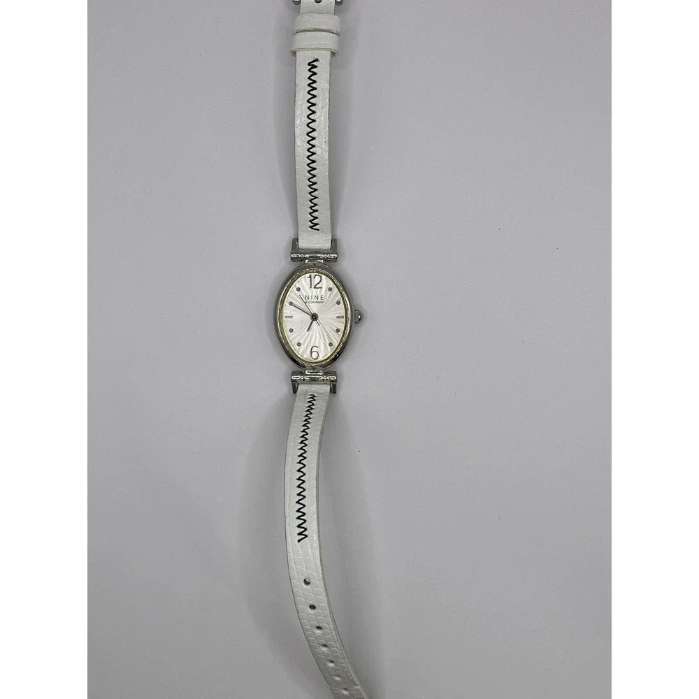 Nine & Company Watch Women's Stainless Silver White Leather‎ Band- New Battery!